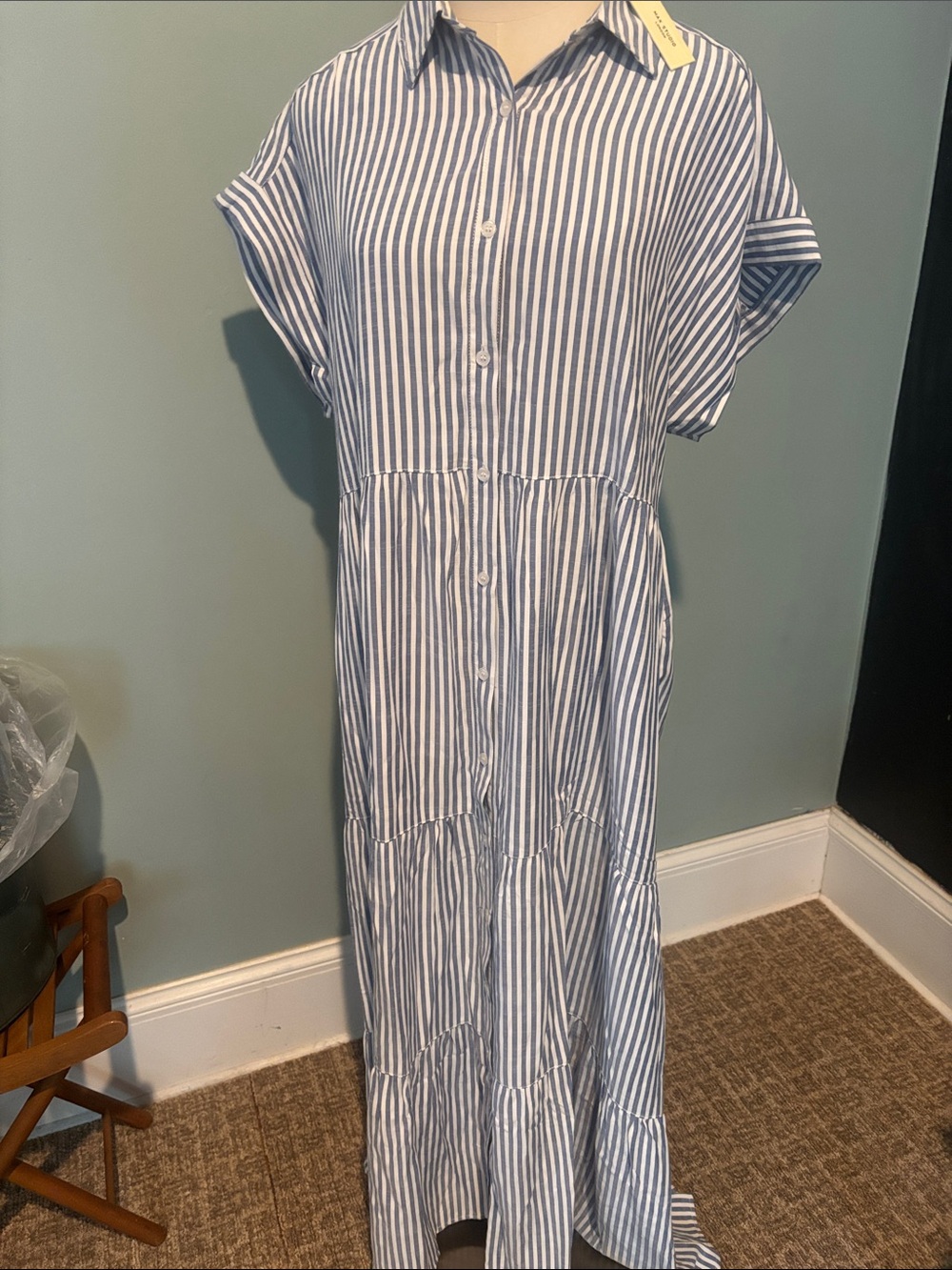 NWT Max Studio Blue & White Striped Button-Front Maxi Dress